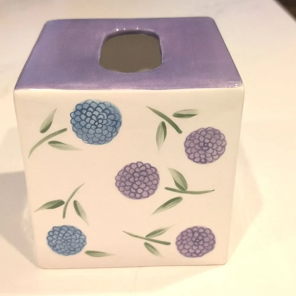 Marimekko Hand Painted Ceramic Floral Square Tissue Box Cover Purple & Blue
